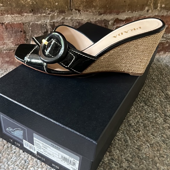 Prada Calzature Donna Black Patent Leather slide on espadrille Wedges - Picture 2 of 10